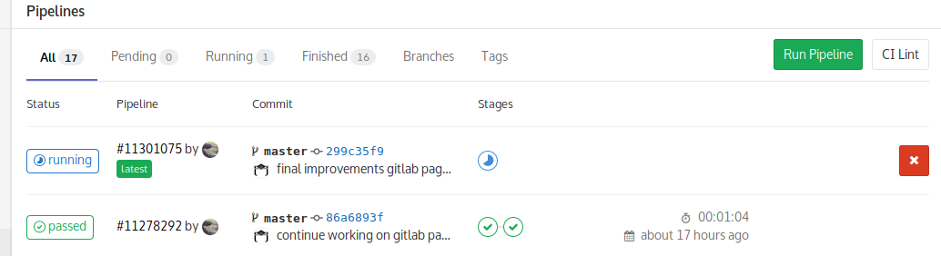 Screenshot of GitLab's *Pipelines* feature building the Pages that are this blog. Find a more detailed description below this image.